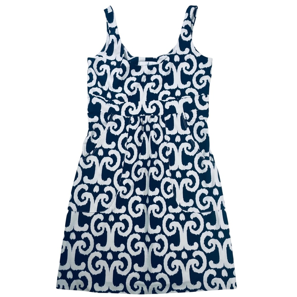 Jude Connally Dress Womens Navy White Ikat Scroll Print Sleeveless Pocket XS